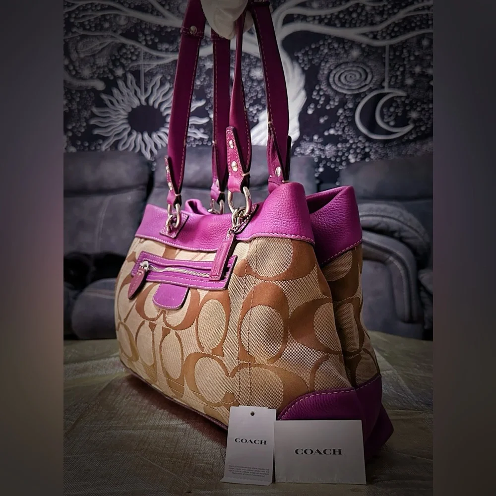 Vintage Coach purple Pink leather and Tan Signature Tote Bag shoulder bag 2009 - Picture 9 of 17